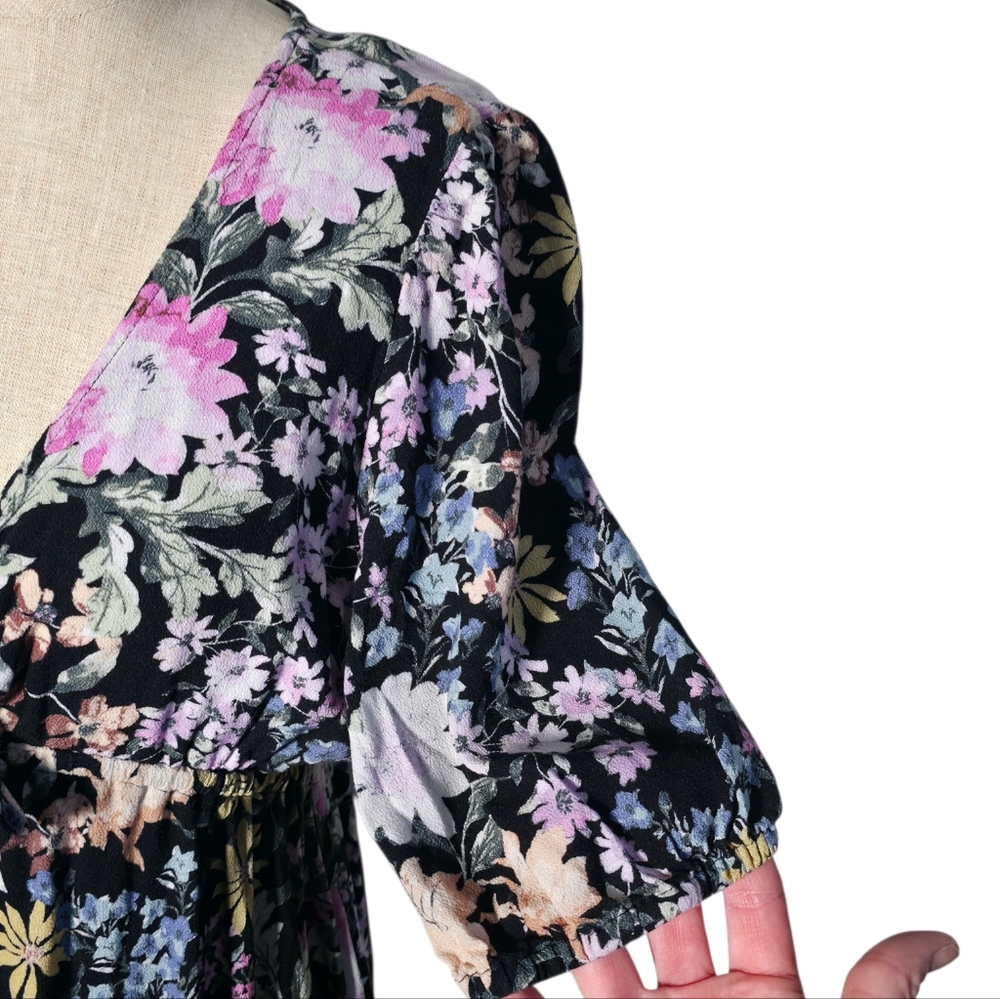 Saltwater Luxe Floral Mini Dress Small Black Pink Boho Tie Front Puff Sleeve - Picture 5 of 13
